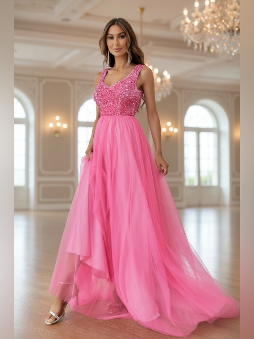 Prom Sleeveless Sequin Bodice Contrast Pink Mesh Dress NWOT